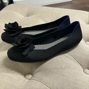 Rothy's Black Loafers with Blue Edge and Floral Detail